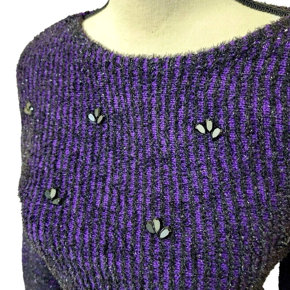 NEW! Ruby Rd. Woman dark purple and black embellished 3/4 sleeve sweater - Picture 3 of 16